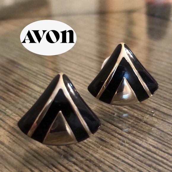 Vintage Jewelry - Vintage AVON Triangle Black Enamel Earrings Goldtone 1984